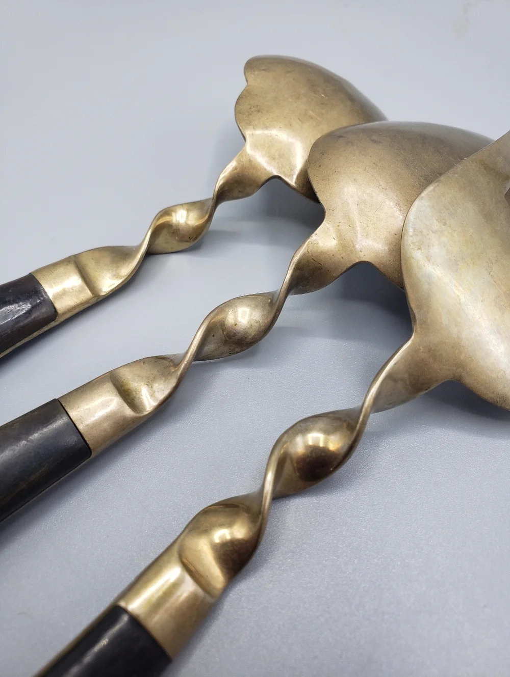 3p Brass Serving Set w/Twisted Details & Dark Wood Handles -Vintage Siam Buddha